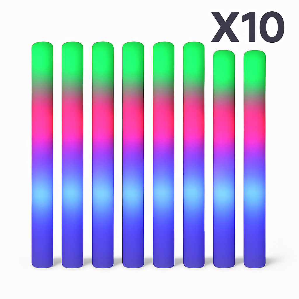 Lot de 10 Bâtons LED Mousse Multicolore 47 cm