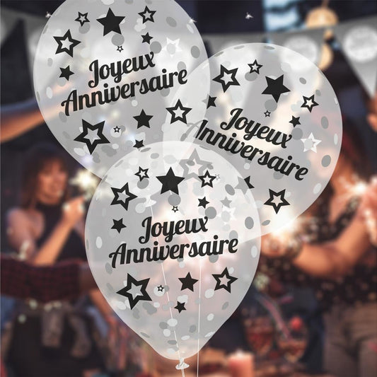 6 Ballons "Joyeux Anniversaire" transparents 30 cm avec confettis argentés