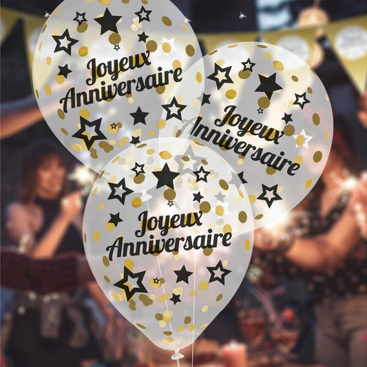6 Ballons "Joyeux Anniversaire" transparents 30 cm avec confettis dorés