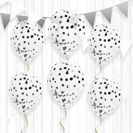 6 Ballons Transparents 30 cm avec Confettis Noirs
