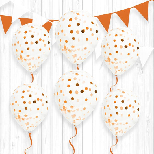 6 Ballons Transparents 30 cm avec Confettis Orange