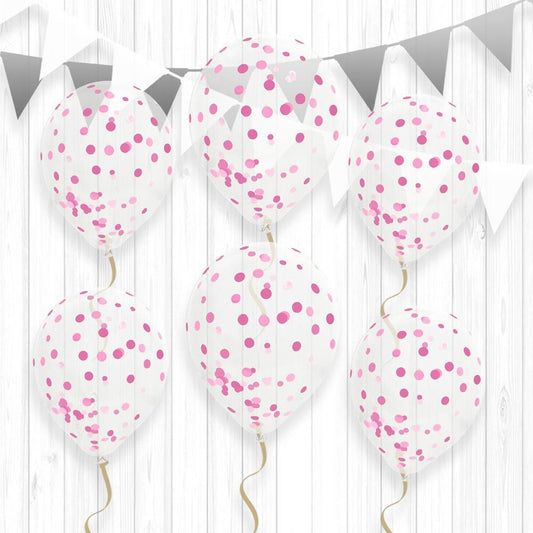 6 Ballons Transparents 30 cm avec Confettis Roses
