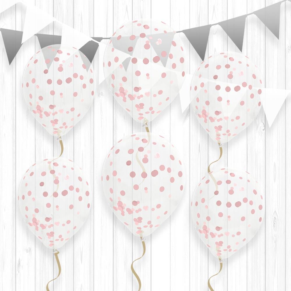 6 Ballons Transparents 30 cm avec Confettis Or Rose