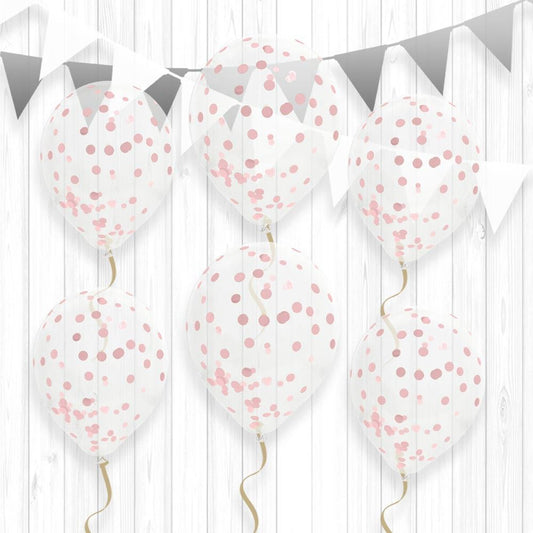 6 Ballons Transparents 30 cm avec Confettis Or Rose