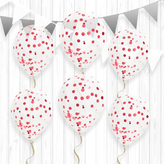 6 Ballons Transparents 30 cm avec Confettis Rouges