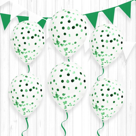 6 Ballons Transparents 30 cm avec Confettis Verts