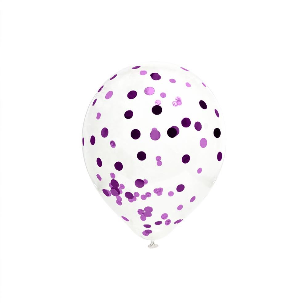 6 Ballons Transparents 30 cm avec Confettis Violets