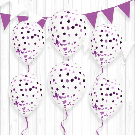 6 Ballons Transparents 30 cm avec Confettis Violets