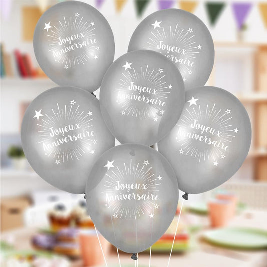 6 Ballons "Joyeux Anniversaire" Argent 30 cm en latex biodégradable