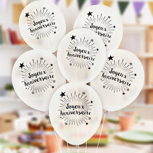 6 Ballons "Joyeux Anniversaire" Blanc 30 cm en latex biodégradable