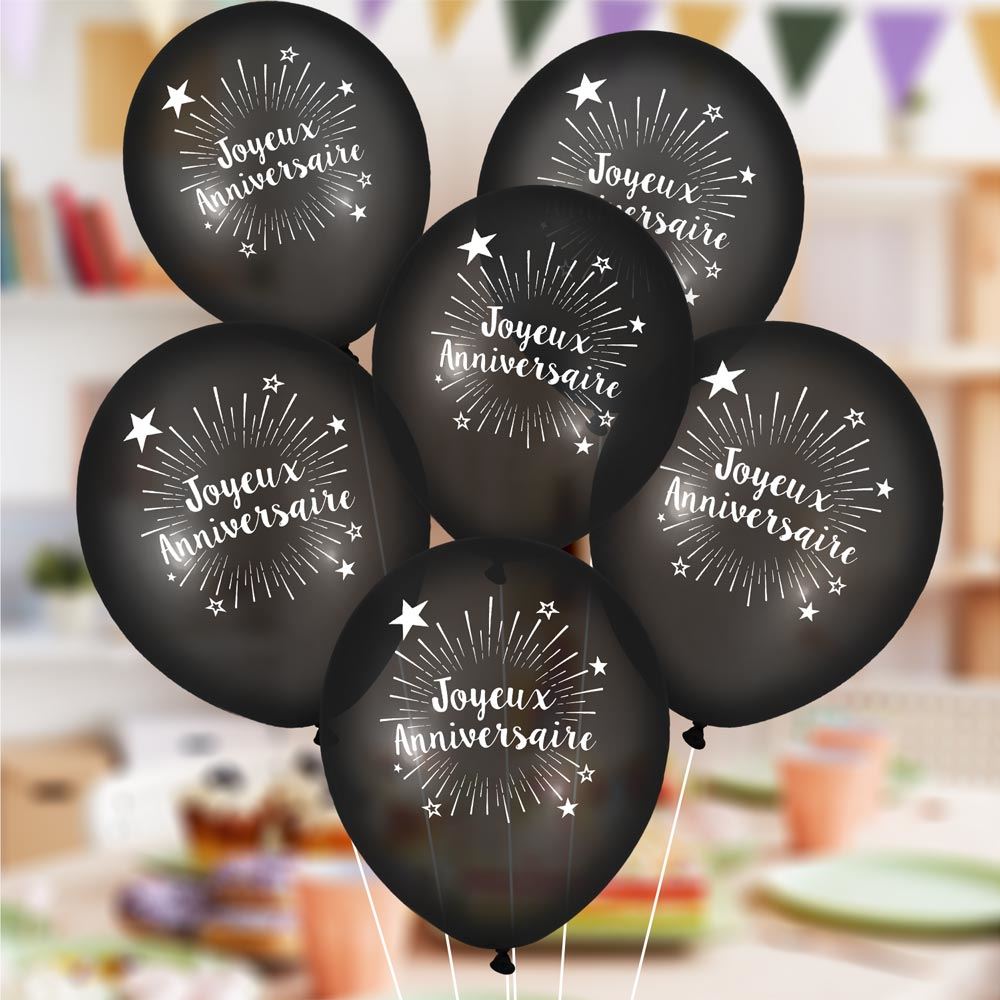 6 Ballons "Joyeux Anniversaire" Noir 30 cm en latex biodégradable
