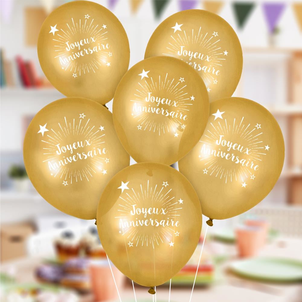 6 Ballons "Joyeux Anniversaire" Doré 30 cm en latex biodégradable