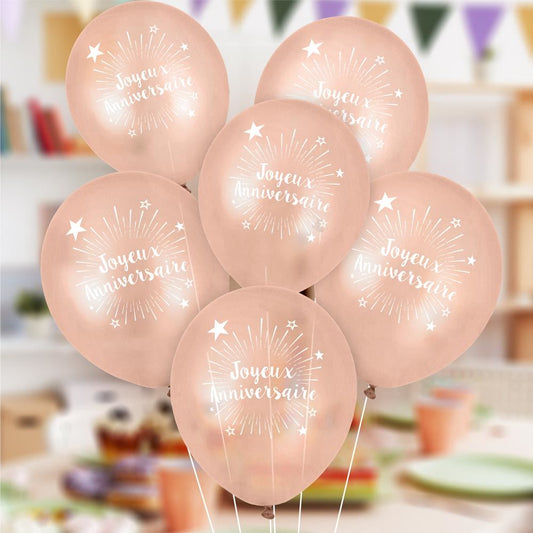 6 Ballons "Joyeux Anniversaire" Or Rose 30 cm en latex biodégradable