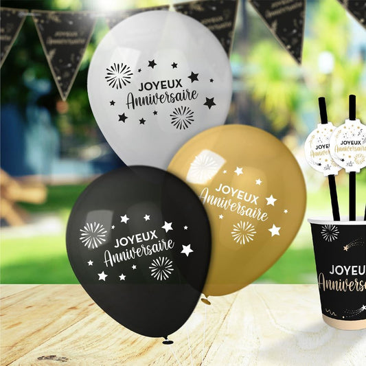 8 Ballons "Joyeux Anniversaire" Trio Colorés (Jaune, Blanc, Noir) 30 cm en latex biodégradable