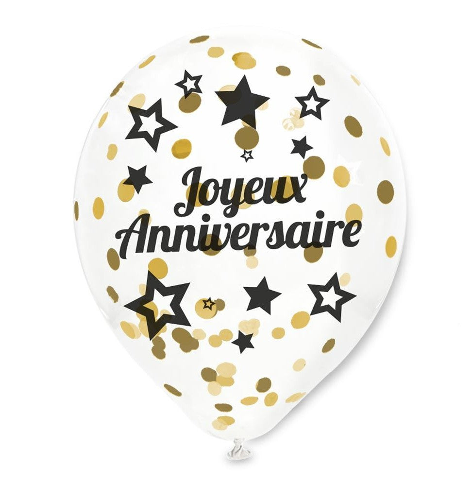 6 Ballons "Joyeux Anniversaire" transparents 30 cm avec confettis dorés