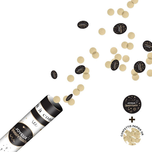 Canon à Confettis "Joyeux Anniversaire" Noir et Or 38cm