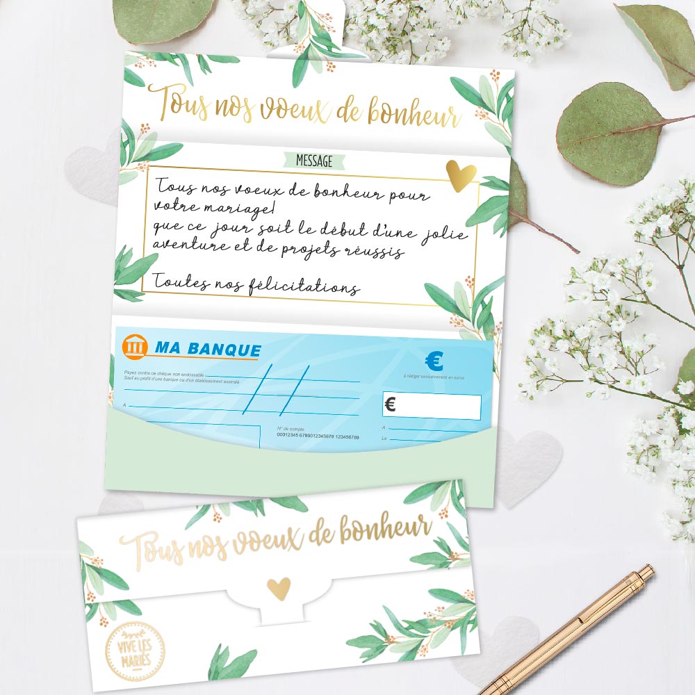 Carte Porte-Billet Mariage – Blanche avec Effet Doré "Tous Nos Vœux de Bonheur"