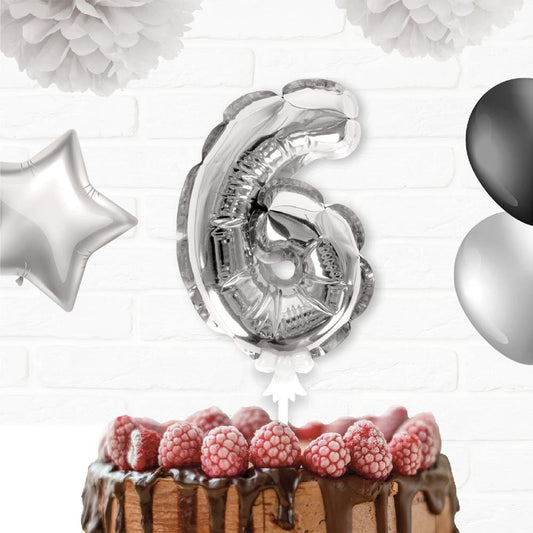 Topper Ballon "6" pour Gâteau Argent