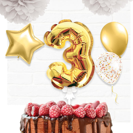 Topper Ballon "3" pour Gâteau Or