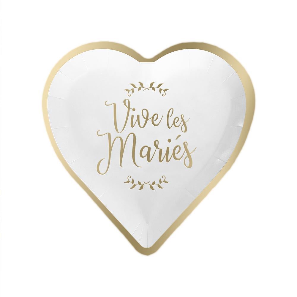 Assiettes Cœur Mariage 6 PCS – Vaisselle Jetable Élégante Blanche et Dorée "Vive les Mariés"