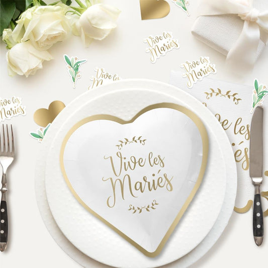 Assiettes Cœur Mariage 6 PCS – Vaisselle Jetable Élégante Blanche et Dorée "Vive les Mariés"