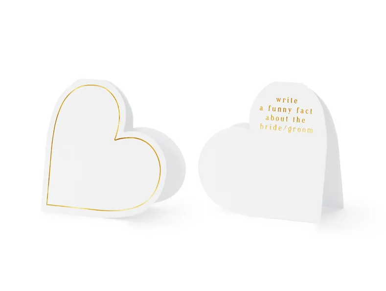 Lot de 10 Cartes de Table Cœurs Blancs avec Impression Dorée – 15,7 x 22 cm