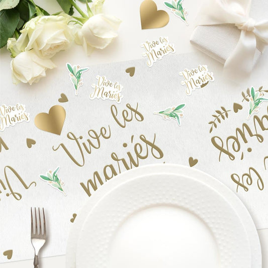 Chemin de Table Mariage – 4 m Blanc avec Cœurs Dorés et "Vive les Mariés"