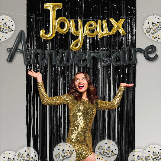 Guirlande "Joyeux Anniversaire" – Ballons Gonflables Dorés et Noirs avec Fils de Suspension