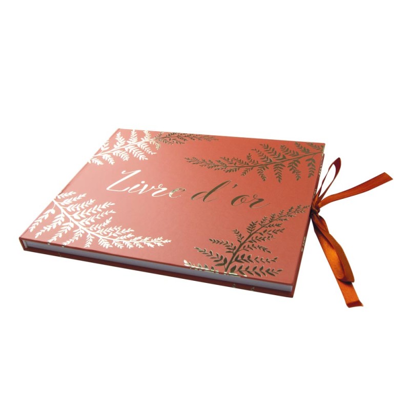 Livre d'Or Mariage rouge et Or – Motif Fougère avec Rubans - 80 pages