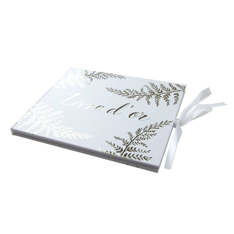 Livre d'Or Mariage Blanc et Or – Motif Fougère Élégant (80 Pages)