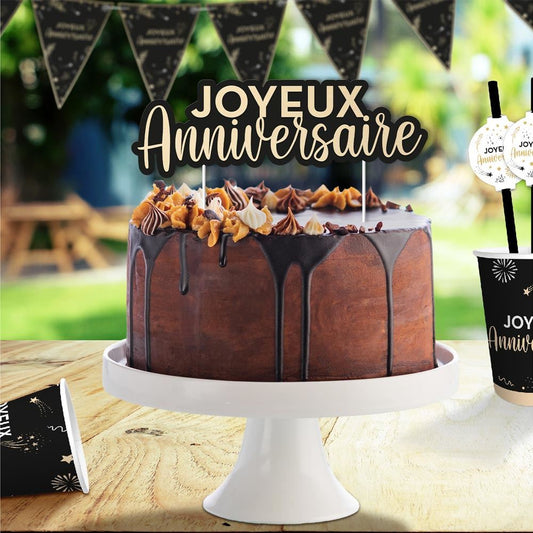Topper Gâteau "Joyeux Anniversaire" Carton Noir et Or