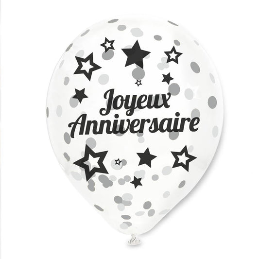6 Ballons "Joyeux Anniversaire" transparents 30 cm avec confettis argentés