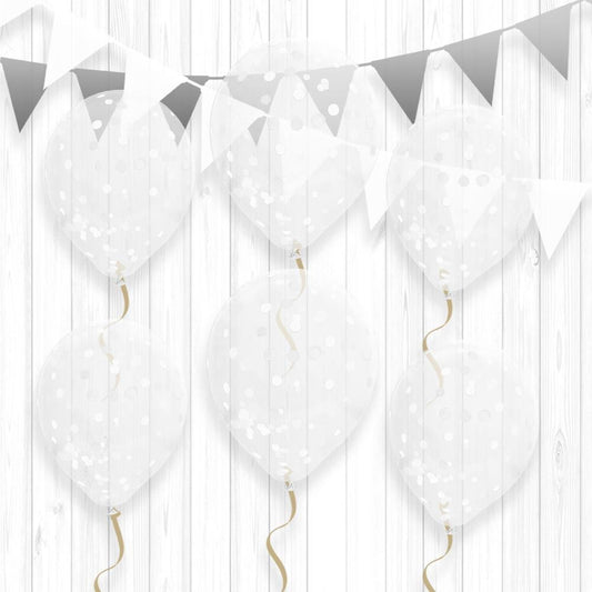 6 Ballons Transparents 30 cm avec Confettis Blancs