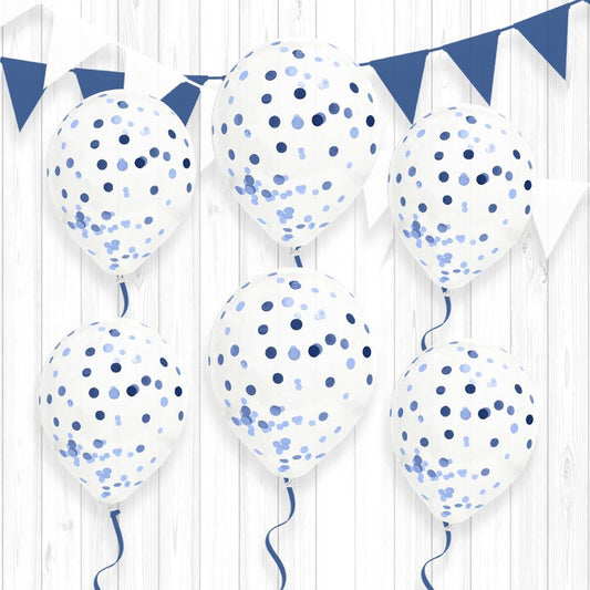 6 Ballons Transparents 30 cm avec Confettis Bleu Roi