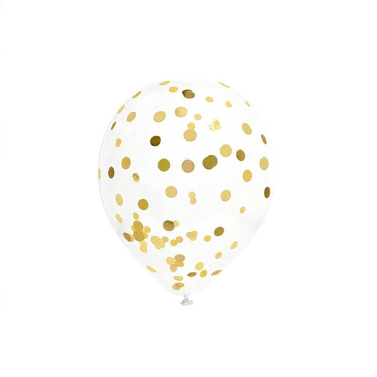 6 Ballons Transparents 30 cm avec Confettis Dorés