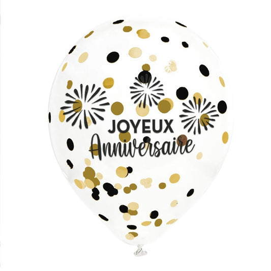 6 Ballons "Joyeux Anniversaire" transparents 30 cm avec confettis noirs et dorés