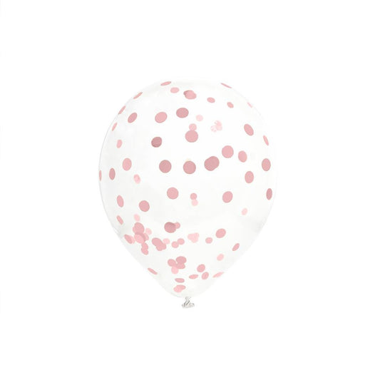 6 Ballons Transparents 30 cm avec Confettis Or Rose