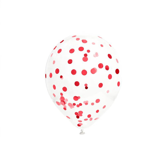 6 Ballons Transparents 30 cm avec Confettis Rouges