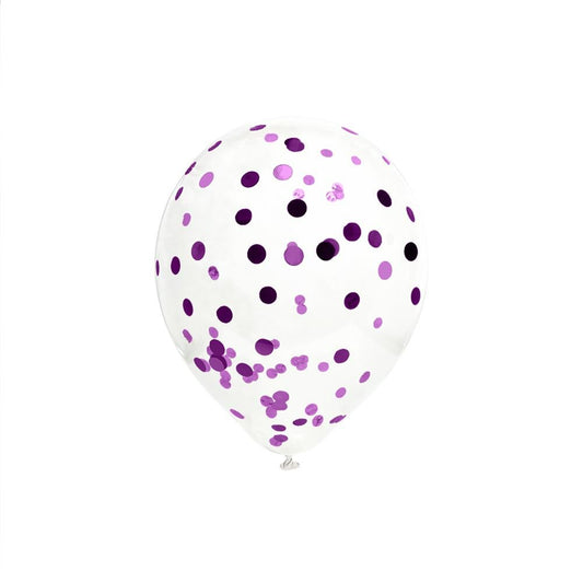 6 Ballons Transparents 30 cm avec Confettis Violets