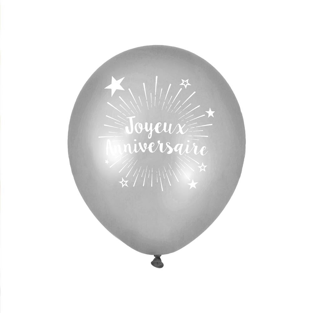 6 Ballons "Joyeux Anniversaire" Argent 30 cm en latex biodégradable