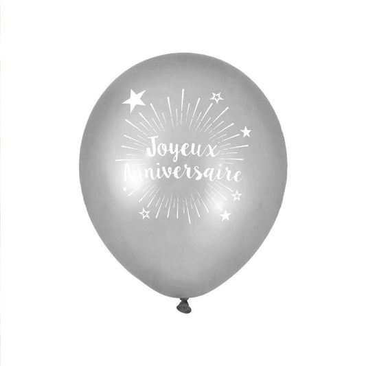 6 Ballons "Joyeux Anniversaire" Argent 30 cm en latex biodégradable