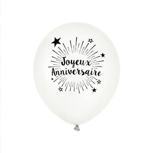 6 Ballons "Joyeux Anniversaire" Blanc 30 cm en latex biodégradable