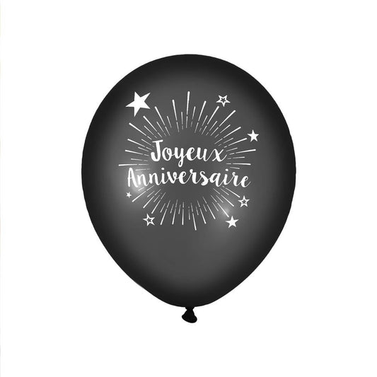 6 Ballons "Joyeux Anniversaire" Noir 30 cm en latex biodégradable
