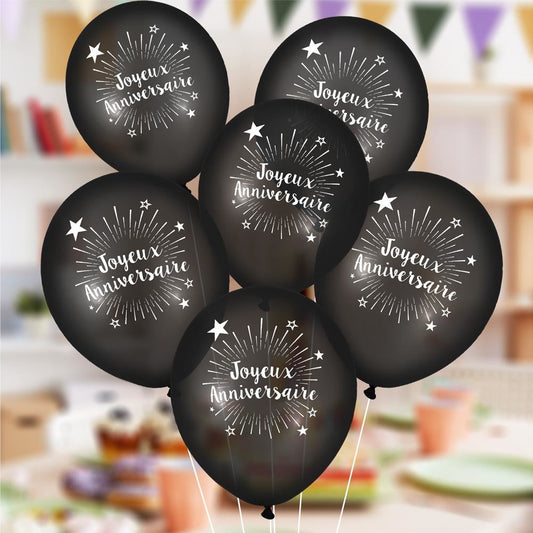 6 Ballons "Joyeux Anniversaire" Noir 30 cm en latex biodégradable