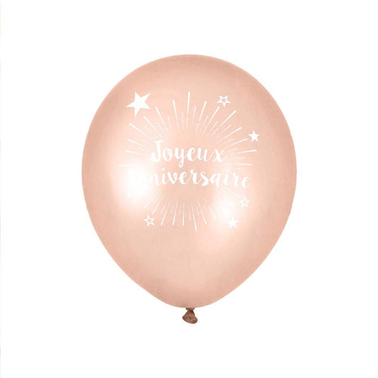 6 Ballons "Joyeux Anniversaire" Or Rose 30 cm en latex biodégradable