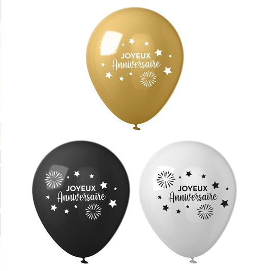8 Ballons "Joyeux Anniversaire" Trio Colorés (Jaune, Blanc, Noir) 30 cm en latex biodégradable