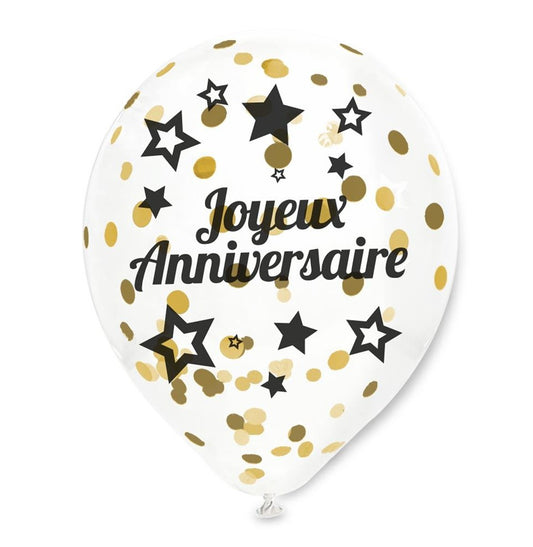 6 Ballons "Joyeux Anniversaire" transparents 30 cm avec confettis dorés