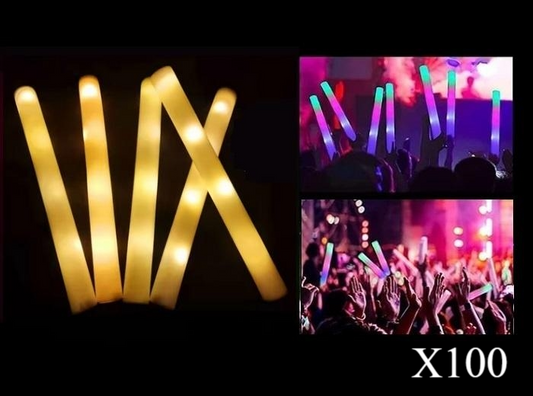 Lot de 100 Bâtons Lumineux LED en Mousse Jaune 47cm