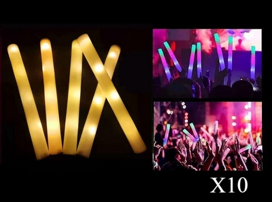 Lot de 10 Bâtons Lumineux LED en Mousse Jaune 47cm