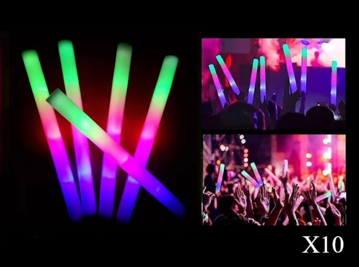 Lot de 10 Bâtons Lumineux LED en Mousse Multicolores 47cm (Bleu, Rouge, Vert)